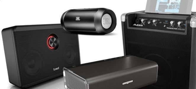 A portable Bluetooth speaker in a cozy living room setting delivering high-quality sound.