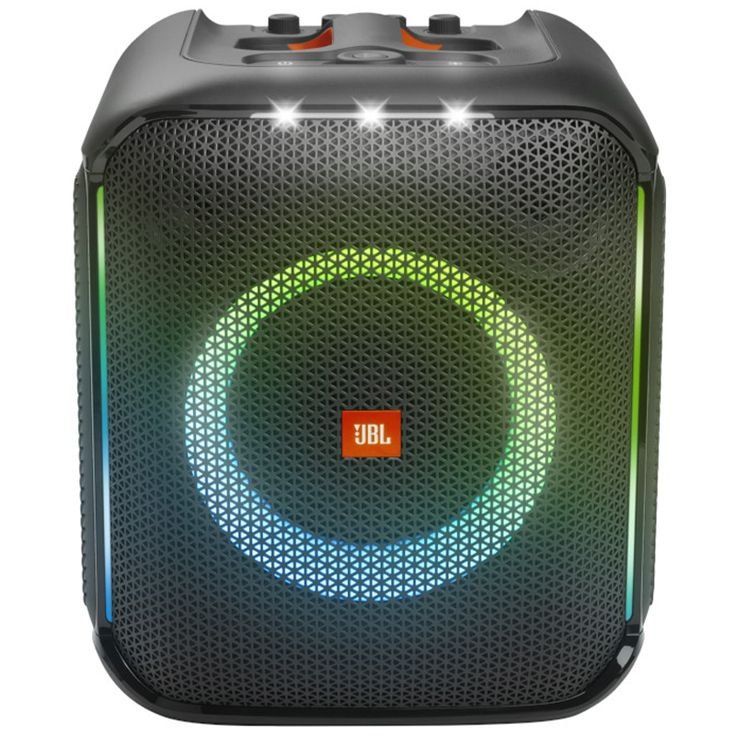  stylish JBL party speaker glowing with LED lights during a home gathering.